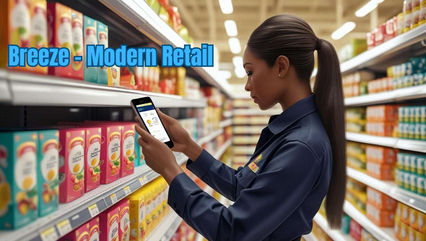 Modern Retail promoter auditing FMCG shelf using mobile app