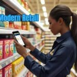 Modern Retail promoter auditing FMCG shelf using mobile app